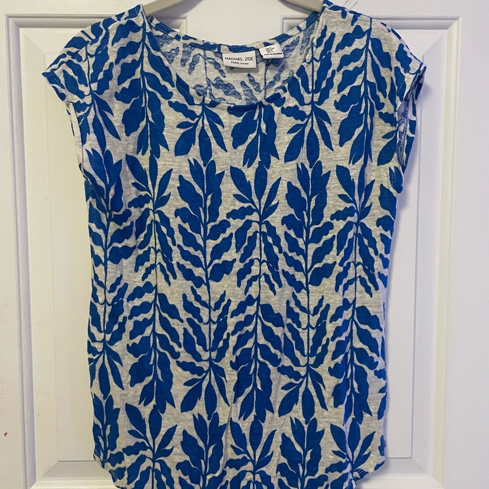 100% Linen Rachel Zoe Blue and White Leaf Print Blouse Size Small